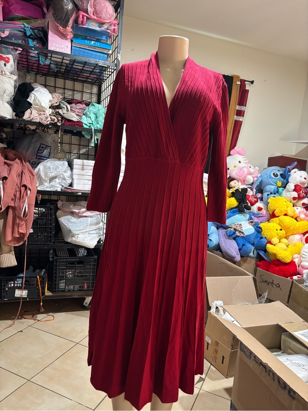 Jones New York Deep Red Ribbed V‑Neck Long Sleeve Midi Dress